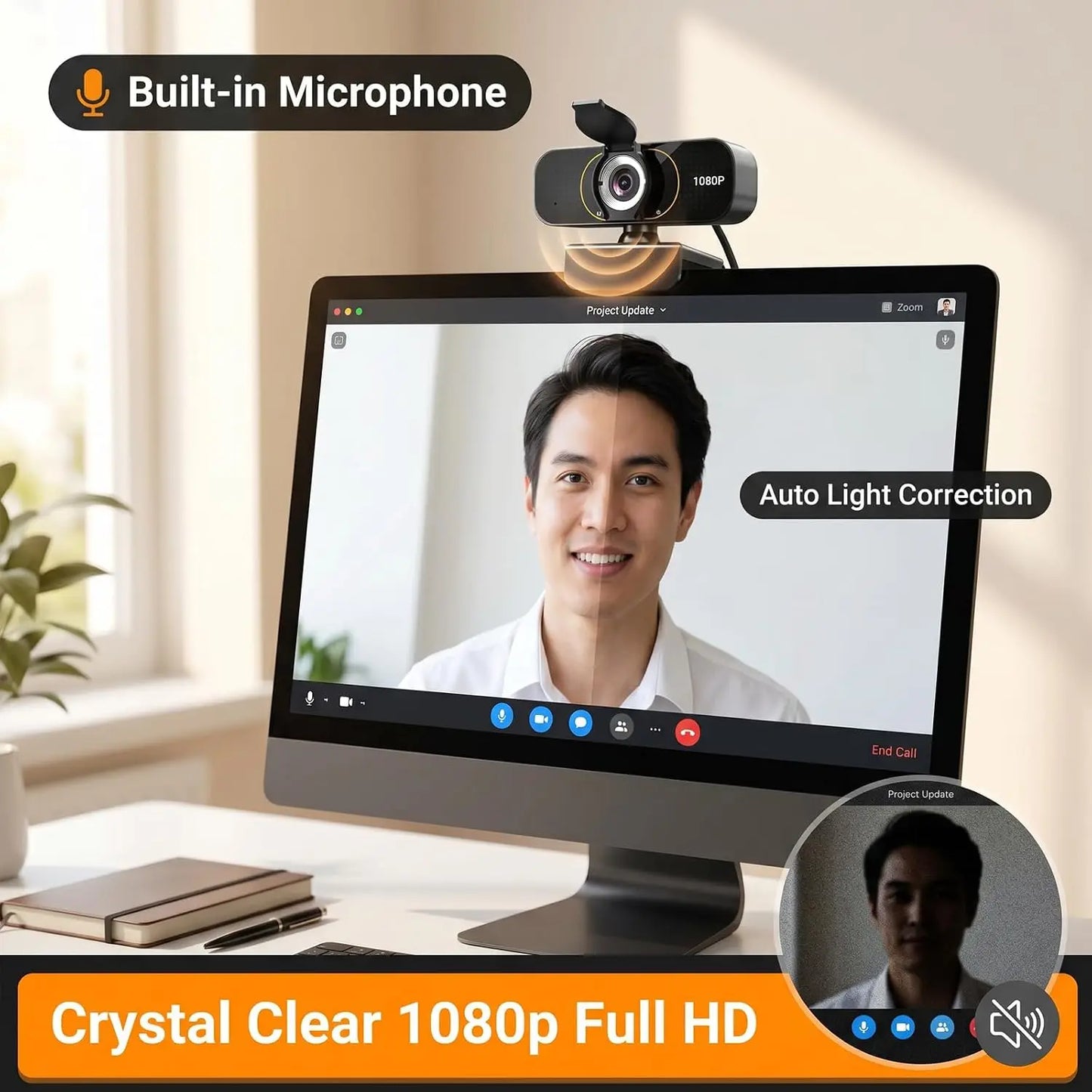 1080P Webcam with Microphone, Plug and Play USB Camera for PC Laptop, Auto Light Correction, Privacy Cover, Flexible Clip