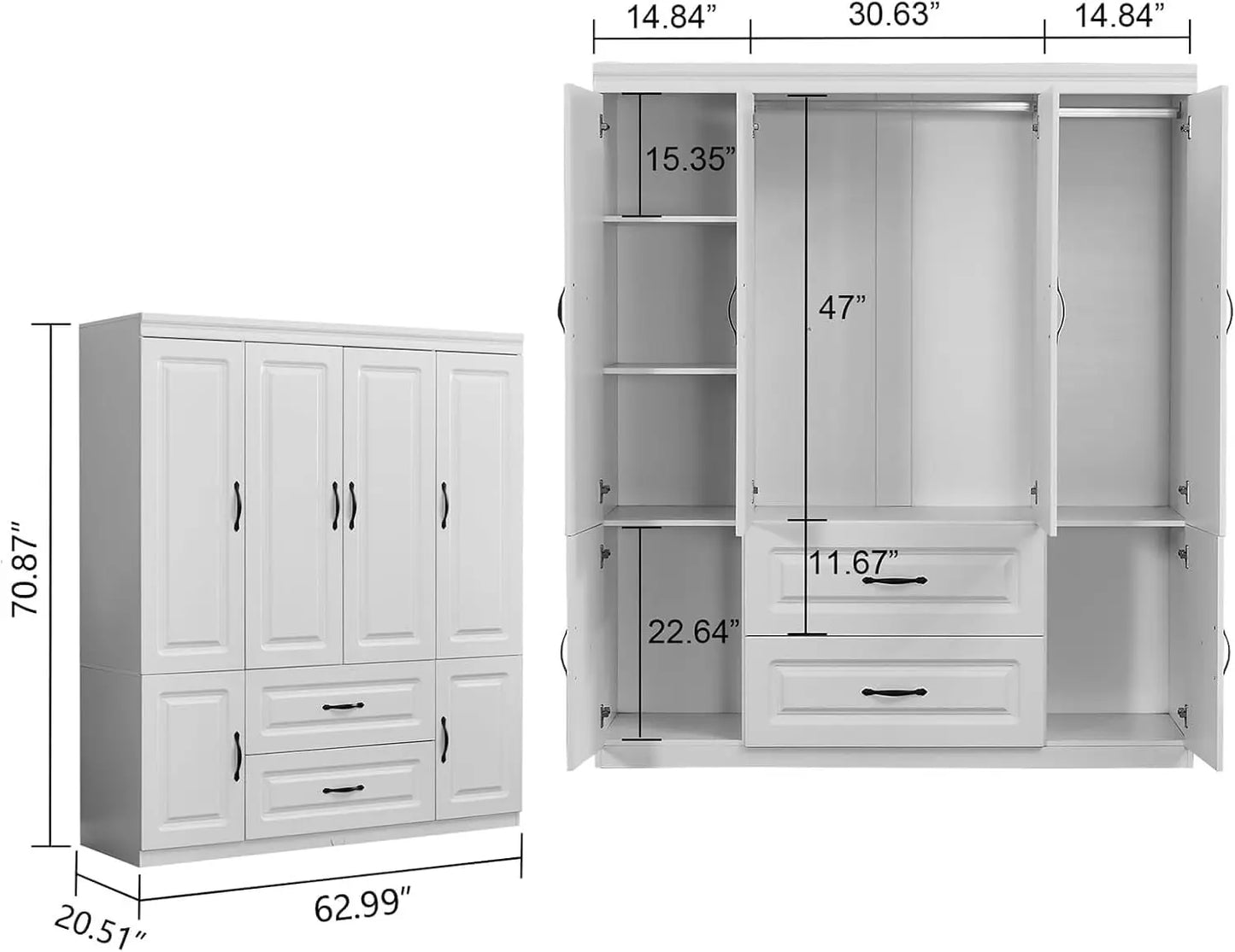Modern 4-Door 2-Drawer Wooden Armoire Wardrobe Closet with Hanging Rods Large Capacity Bedroom Storage White Customized