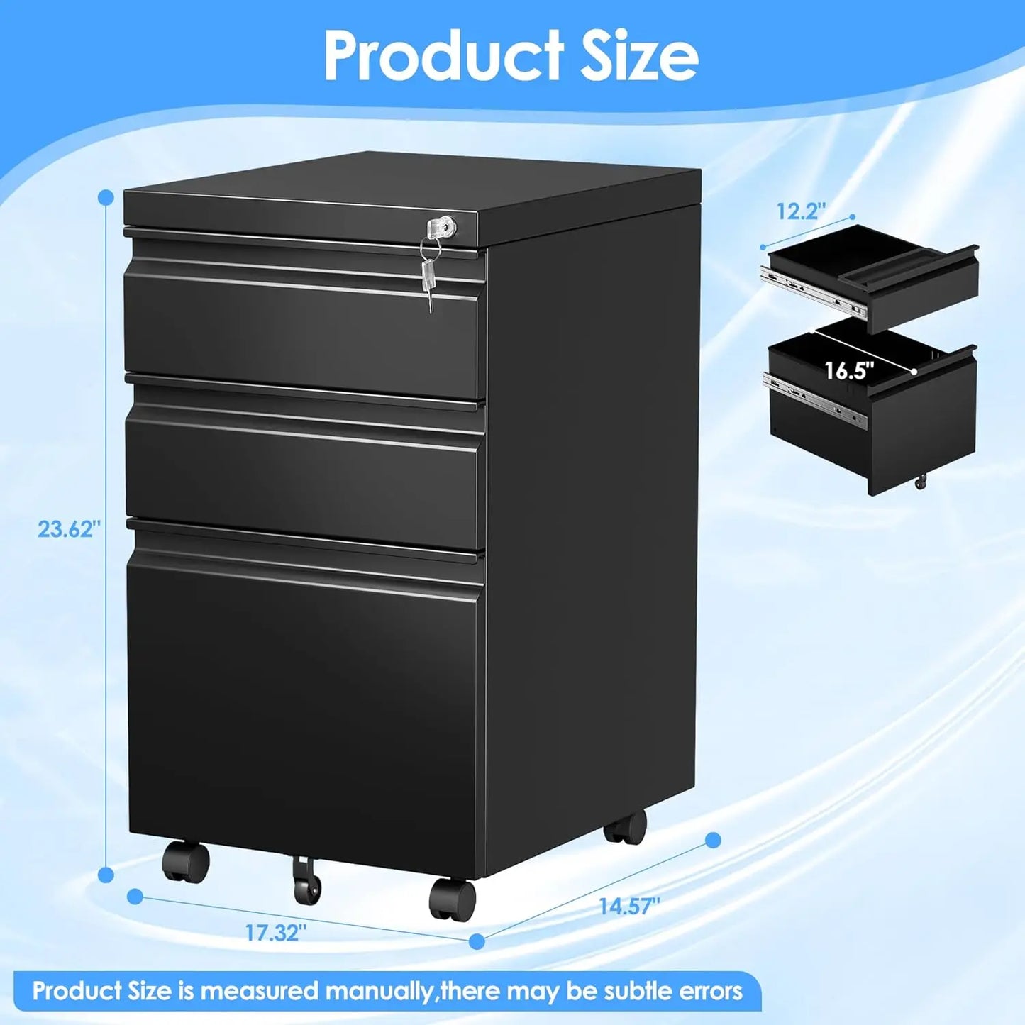 AOBABO 3 Drawer Mobile File Cabinet with Lock, Under Desk Metal Filing Cabinet for Office,Home,A4/Legal/Letter Size
