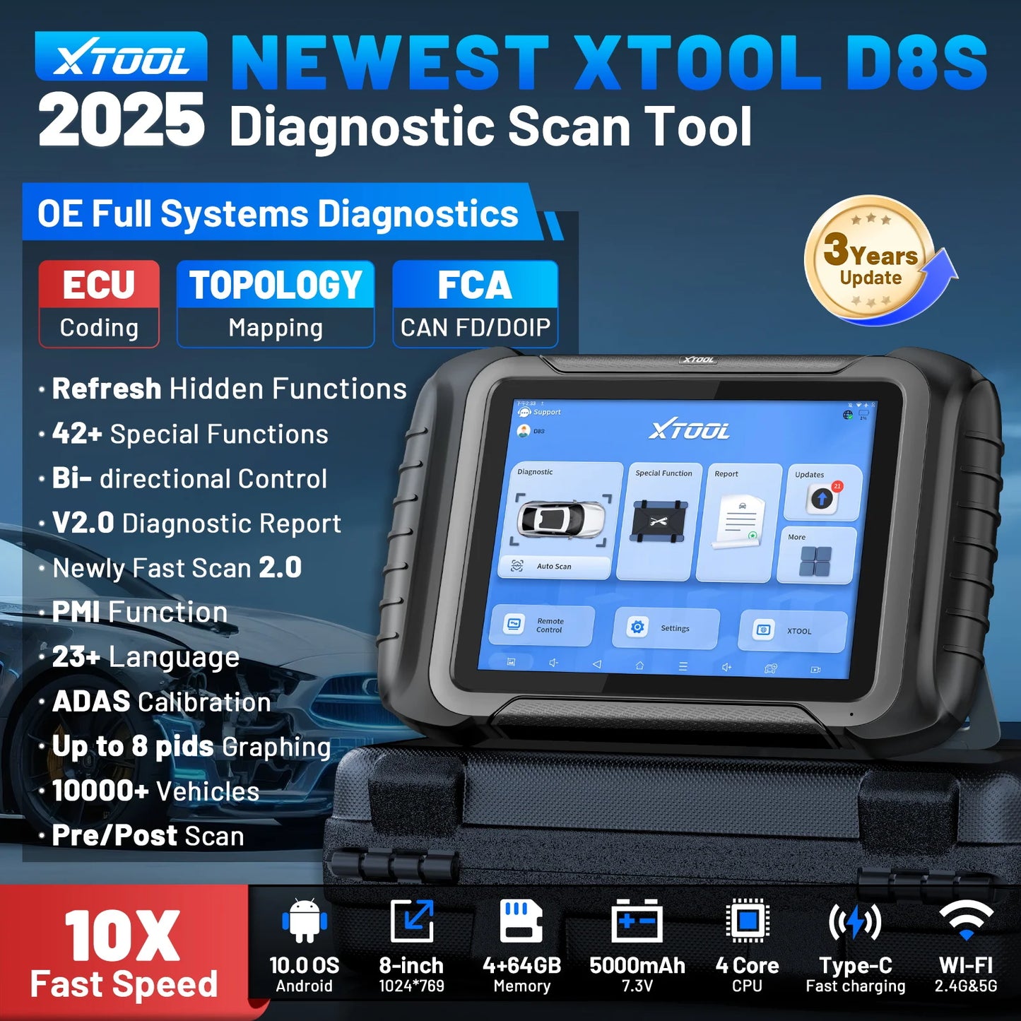 XTOOL D8S Car Diagnostic Tool ECU Coding Bi-directional 42+ Resets Automotive Scanner Key Programming With Topology DOIP FCA