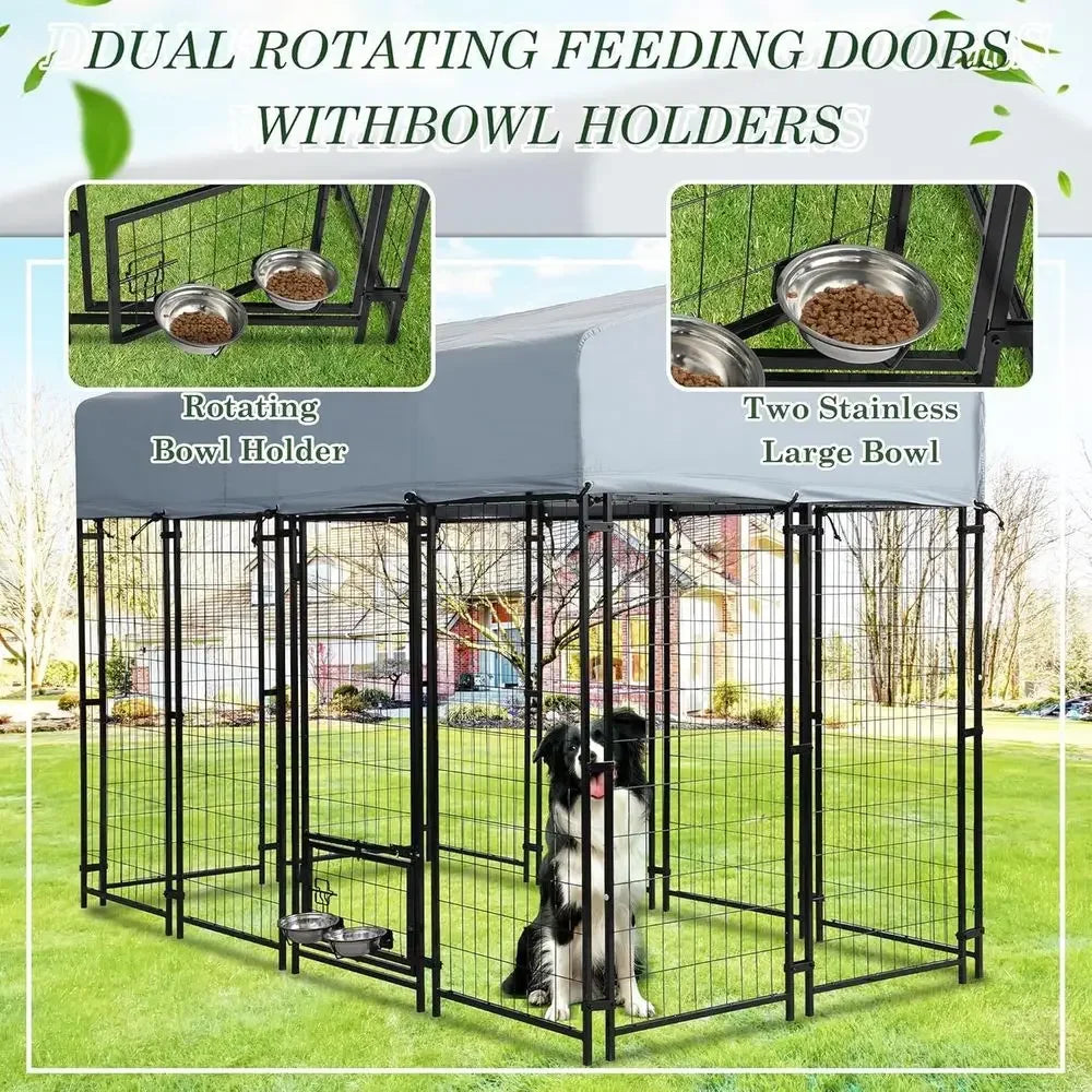 8x4x5.7ft Outdoor Dog Kennel with Waterproof Roof & 2 Rotating Bowls for Large Dogs, Secure Steel Exercise Enclosure