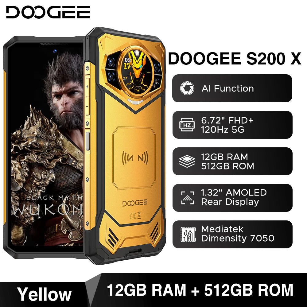 DOOGEE S200 5G Rugged Phone 6.72" Dimensity 7050 12GB RAM 256GB ROM 100MP AI Main Camera 10100mAh Battery NFC Smartphone