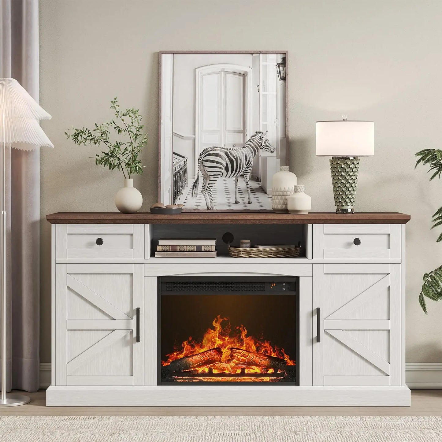 Farmhouse TV Stand with 23-Inch Electric Fireplace, Entertainment Center for TVs Up to 70 Inches, Media Console Table with Drawers and Storage, Antique White