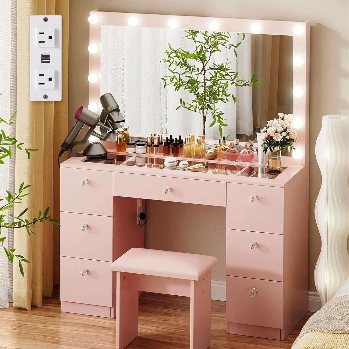 Vanity with Lighted Mirror - Makeup Vanity Desk with Glass Top, 7 Drawers and Power Outlet, 3 Color Lighting Modes, Customized