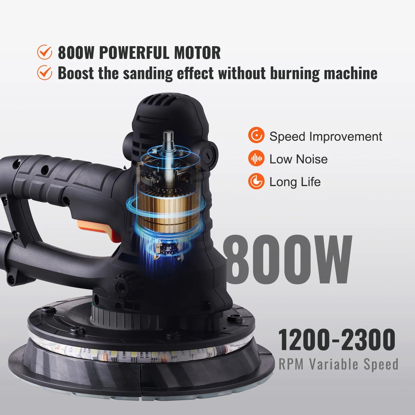 SucceBuy Drywall Sander Variable Speed 1200-2300 RPM Wall Sander with Automatic Vacuum Dust Collection System Double LED Lights