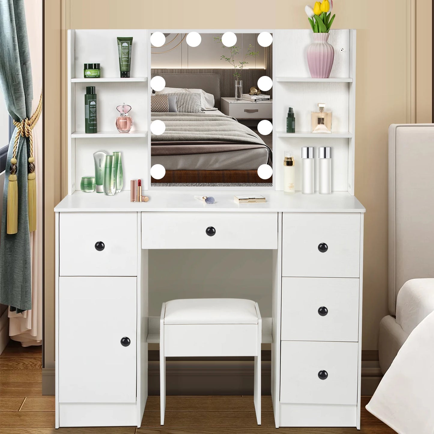 Teousev White Modern Vanity Set with 10 LED Lighted Mirror 5 Drawers & Stool 3 Color Dimmable Easy Assembly Bedroom Dressers