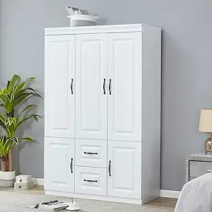 Wooden Armoire Wardrobe Closet：Modern Armoire Wardrobe Closet with 4 Doors, 2 Drawers and Hanging Rods for Tall Cabinet, Large C