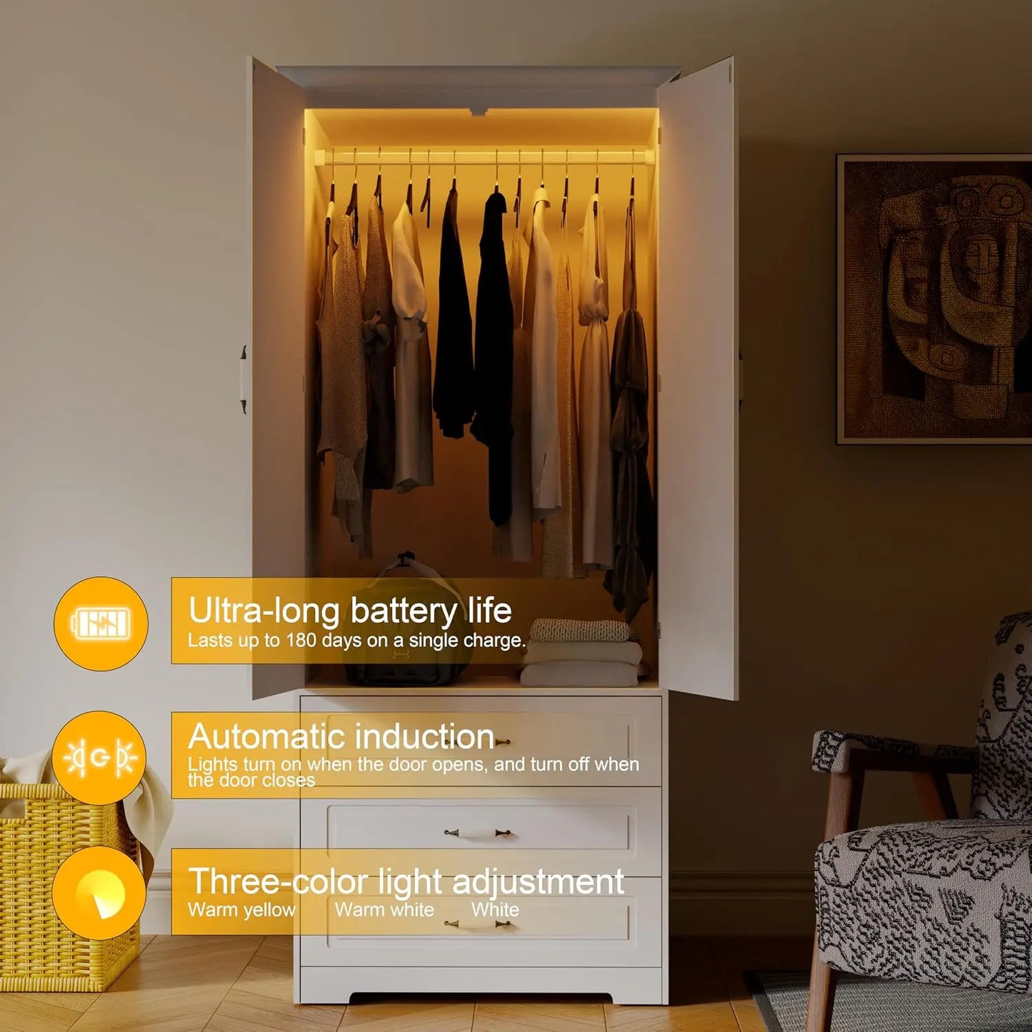 Armoire Wardrobe Closet with 3 Drawers and LED Light 72" Wooden Bedroom Armoire with 2 Doors and Retro Ceramic Door, Custom