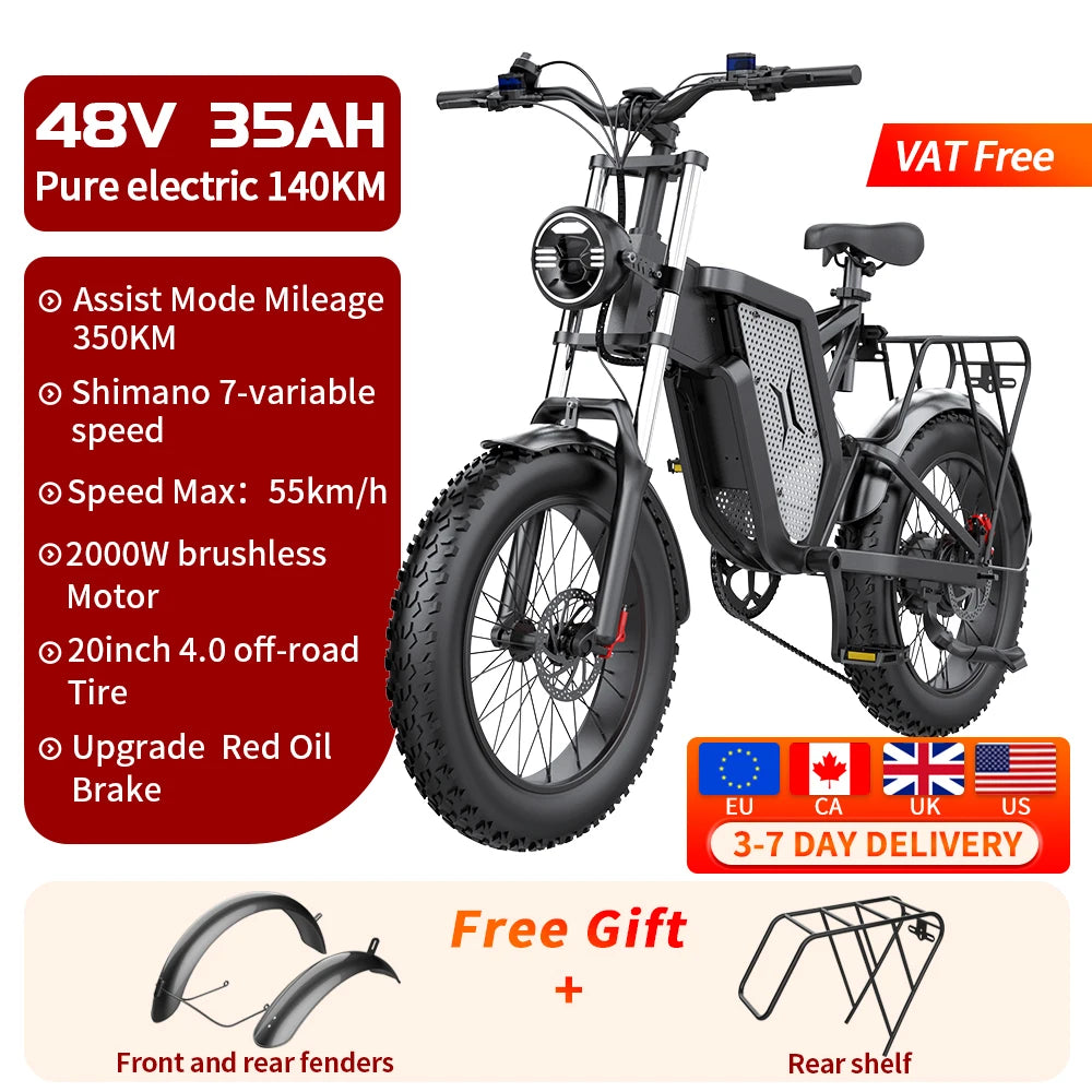 EKX X20 Electric Bike Mountain Moped Ebike 20 Inch Fat Tire 2000W 48V 35AH Men's Road EBike Electric Bicycle For Adults E Bikes