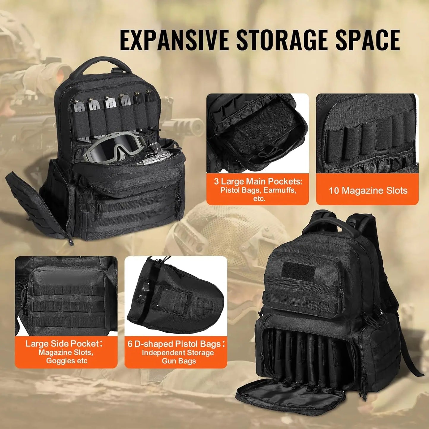 Tactical Range Backpack for 6 Pistols, Gun Backpack with 6 Independent Pistol Bags & 10 Magazines, Pistol Backpack for Outdoor