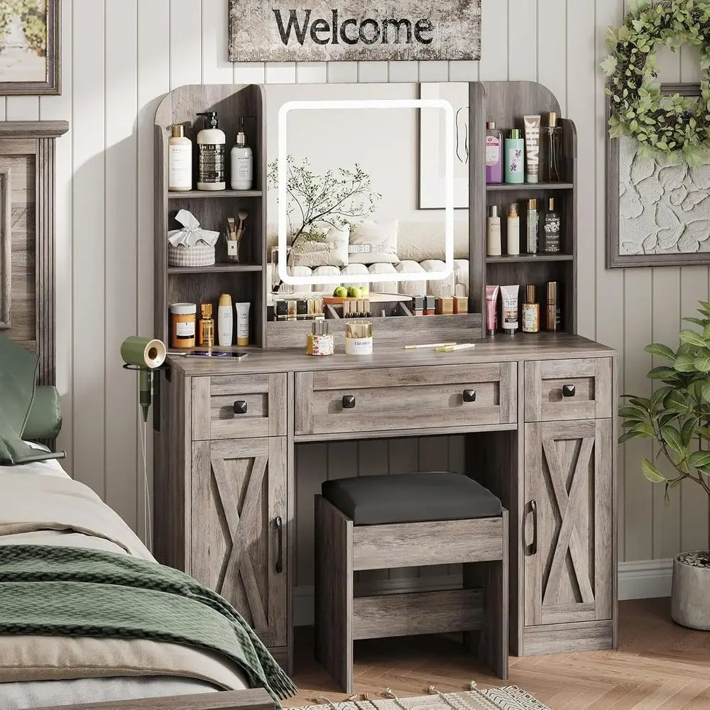 Makeup Vanity Desk with Lighted Mirror, Desk & Chair, 3 Drawers, 2 Cabinets, Time/Temp Display, Adjustable LED Lights, Grey