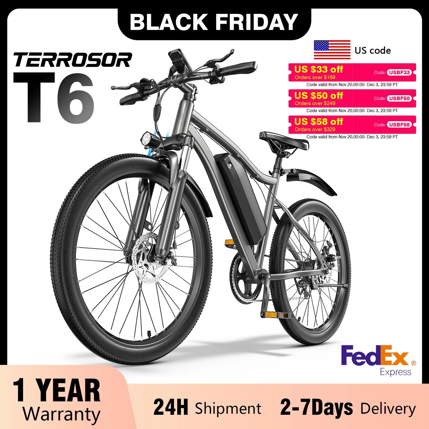 【1 Year Warranty】Terrosor Electric Bike,26" Fat Tire Ebike for Adults,350W Peak,Electric Mountain Bike,19.9mph,E bike UL2849