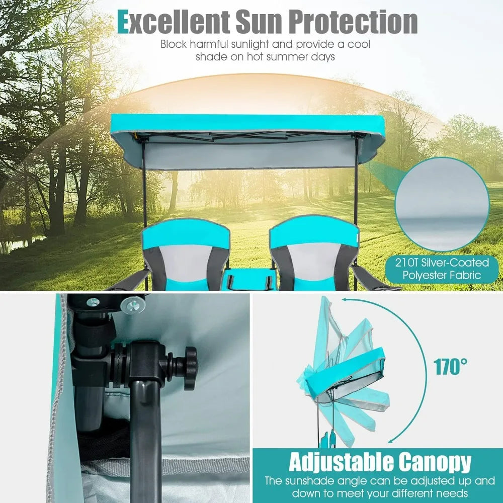 Camping Chair with Adjustable Shade Canopy, Portable Beach Chair with Cooler Bag, 2 Cup Holders, Carrying Bag