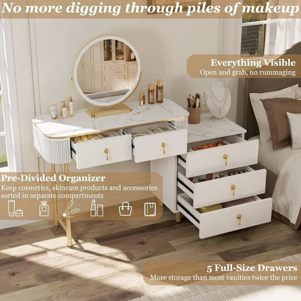 Makeup Vanity Desk with LED Mirror, 3-Color Lights, 5 Drawers, Adjustable for Bedroom and Bathroom, White