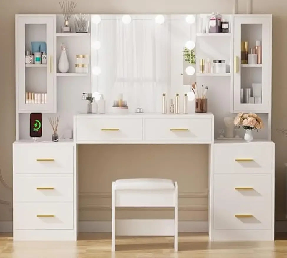 [Discounted Price!]59.1" Large Vanity Desk Table with Mirror & Lights White Makeup Vanity with Power Outlet and 8 Drawers 3 Ligh