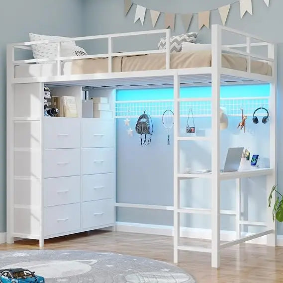 Twin Loft Bed with Desk & 8 Drawers Tall Dresser, Metal Loft Bed with LED Lights & Charging Station, 2-Tier Storage Shelves, Sta