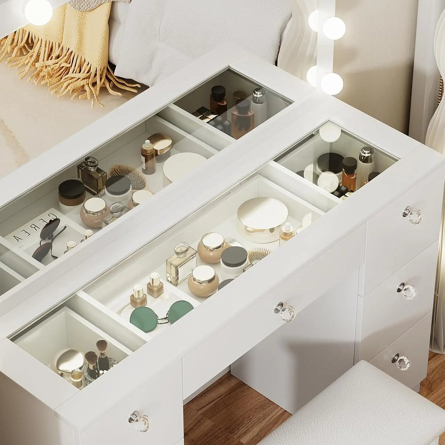 Vanity with Lighted Mirror - Makeup Vanity Desk with Glass Top, 7 Drawers and Power Outlet, 3 Color Lighting Modes, Customized