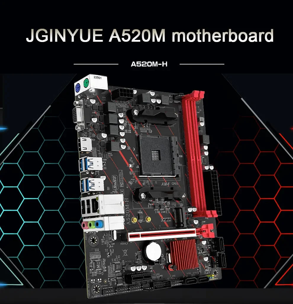 JGINYUE A520M-H motherboard AM4 DDR4 PCI-E 3.0 USB3.2 Micro ATX M.2 support  AM4 4000 series and 5000 series