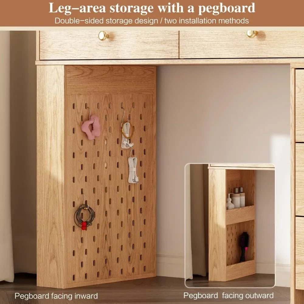 illuminated makeup vanity desk with mirror, 8 drawers, storage shelves, and power outlet in 3 colors