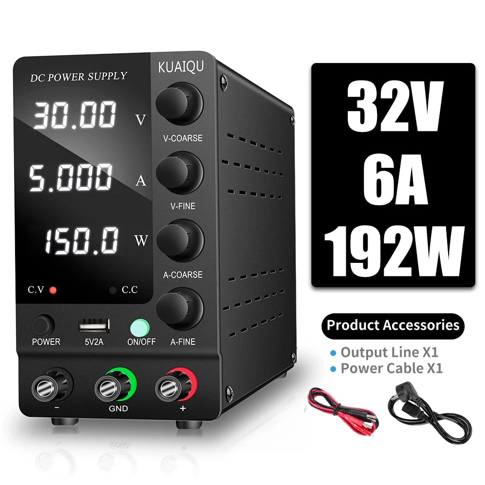 KUAIQU Adjustable Switching DC Power Supply 30V 10A 6A Lab Bench Power Supply 60V 5A 120V 3A Output Preset Current USB Interface