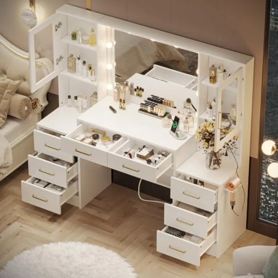 White 58 Makeup Vanity Desk with Lighted Mirror 3 Lighting Modes Charging Station 8 Drawers 2 Cabinets Ample Storage Modern Dre