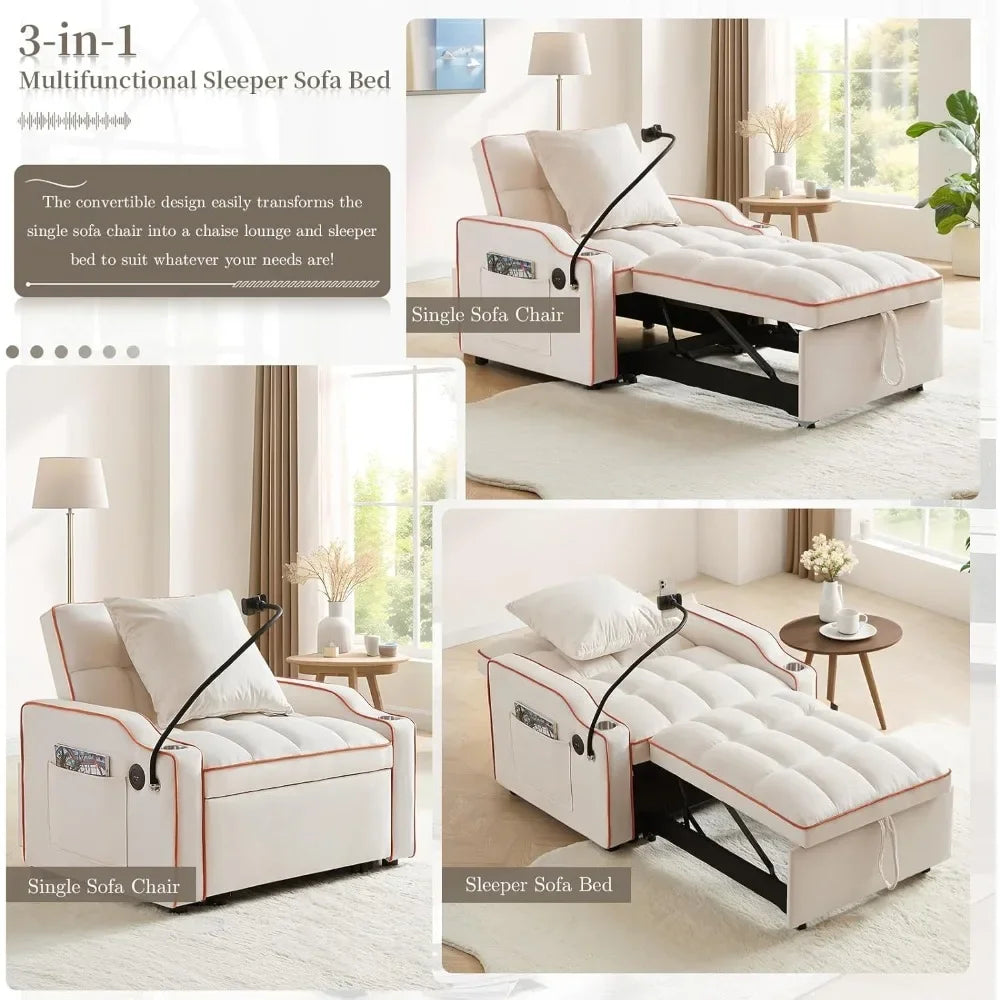 "Convertible Sleeper Chair Bed, 3-in-1 Velvet Futon Sofa with Phone Holder & USB Ports, Pull-Out Design & Adjustable Recline for