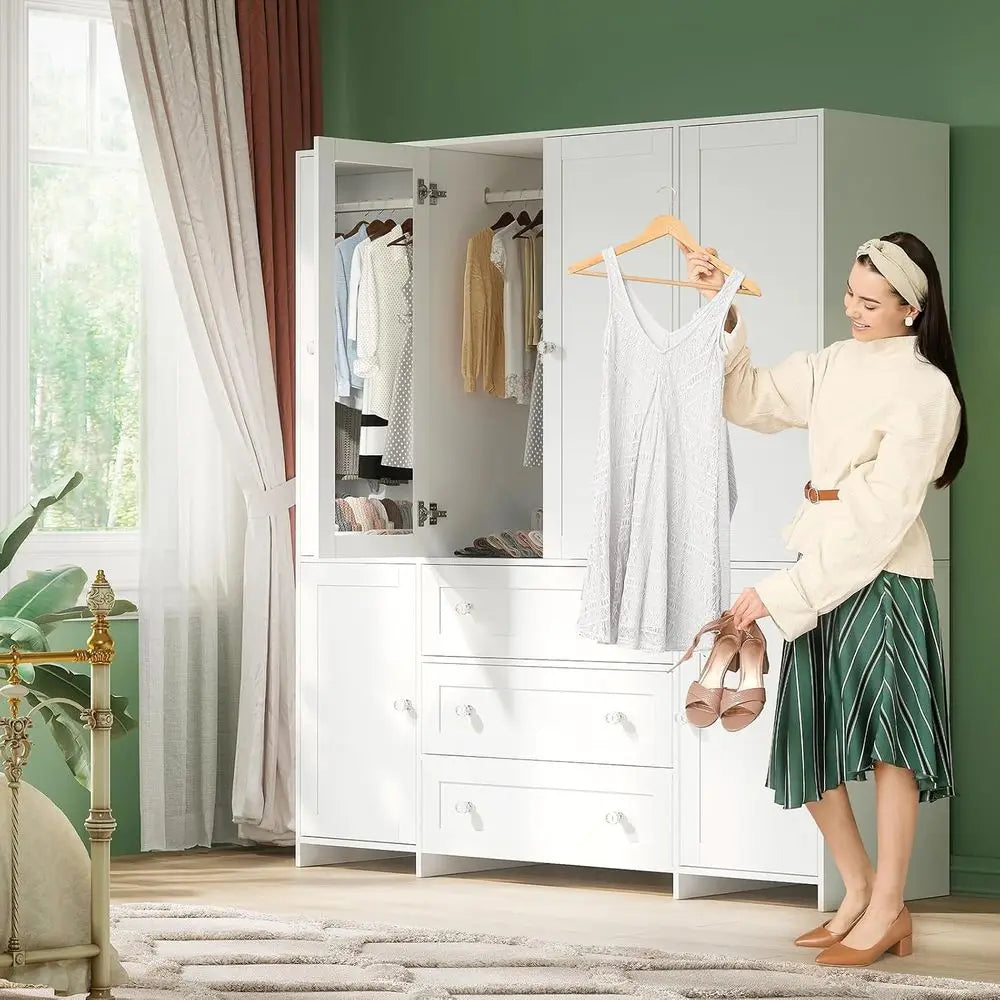 Armoire Wardrobe Closet with Ders and Mirror, 71" Clothing Storage Cabinet with Hanging Rod, 6 DoWooden Wardrobe Cabinet or Bedr