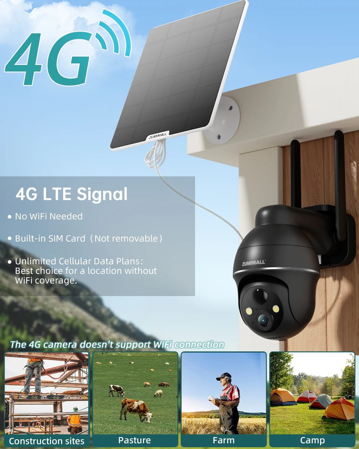 ZUMIMALL 4G LTE Cellular Solar Security Camera Outdoor, No WiFi,Solar Powered with Color Night Vision,SIM Included