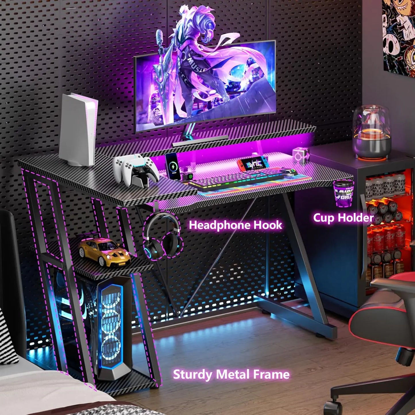 40 Inch Gaming Desk with Power Outlet & LED Lights, L Shaped Computer Gaming Table with 3 Tiers Storage Shelves,, Customized