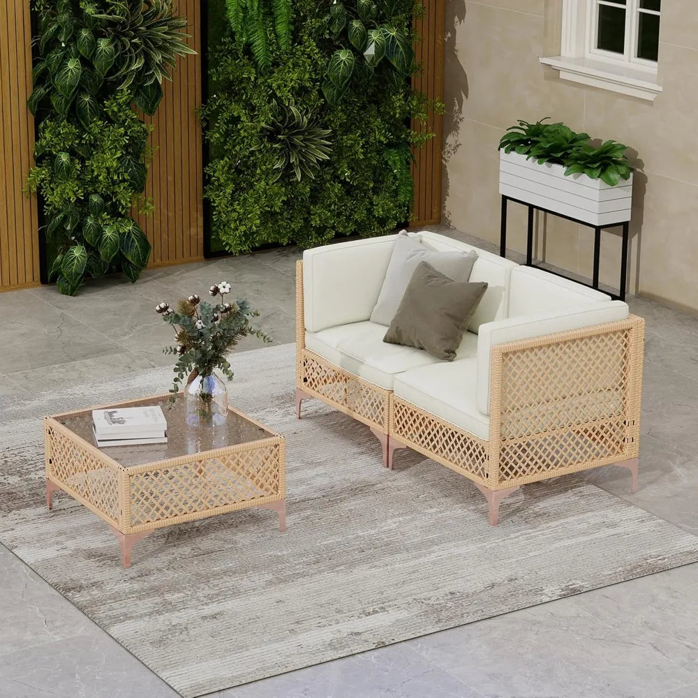 Boho Chic Outdoor Sectional Set - Wicker Sofa & Tempered Glass Coffee Table