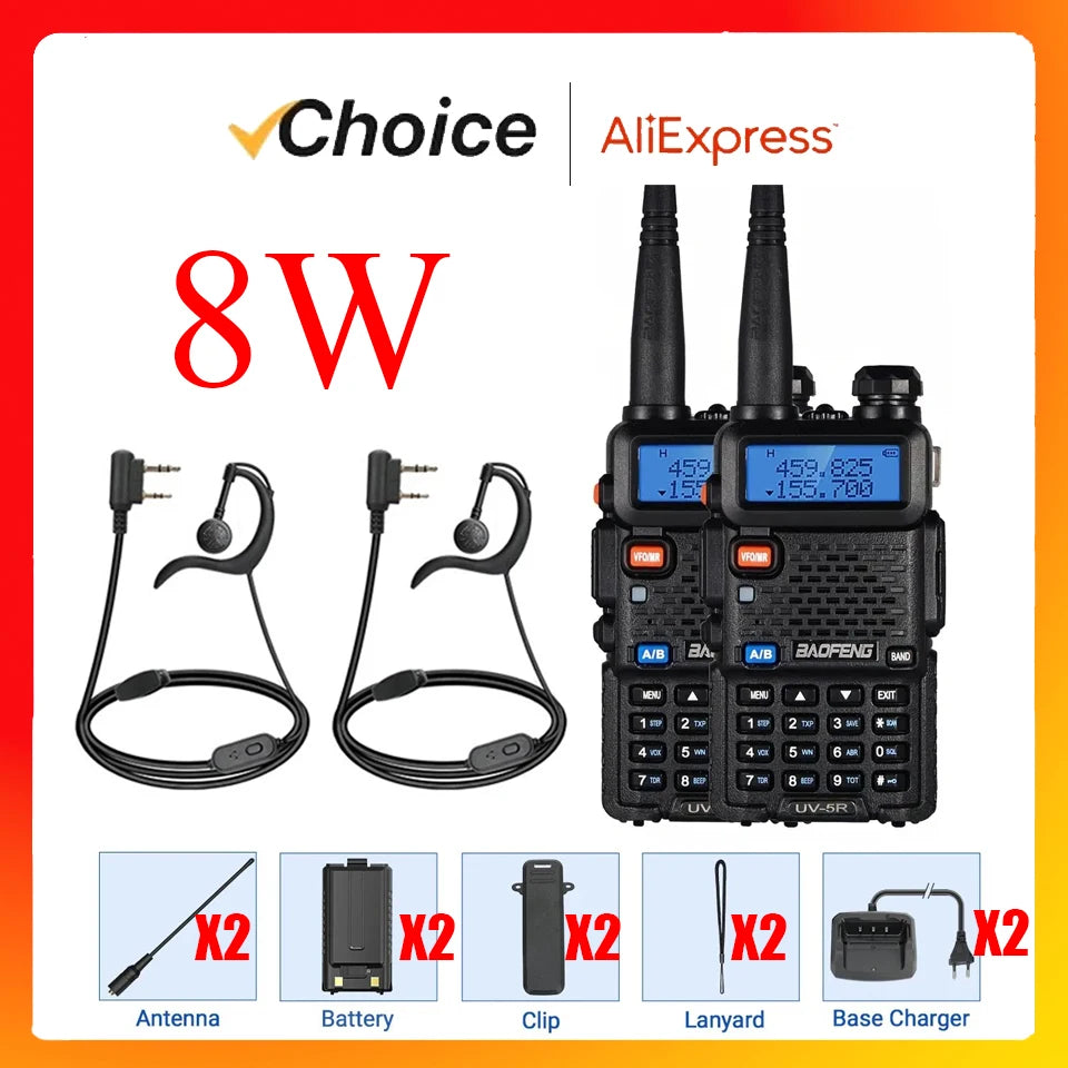 2pcs UV-5R 5W 8W High Power Dual Band Two Way Radio Long Range Handheld Portable Walkies Talkies For Hunting