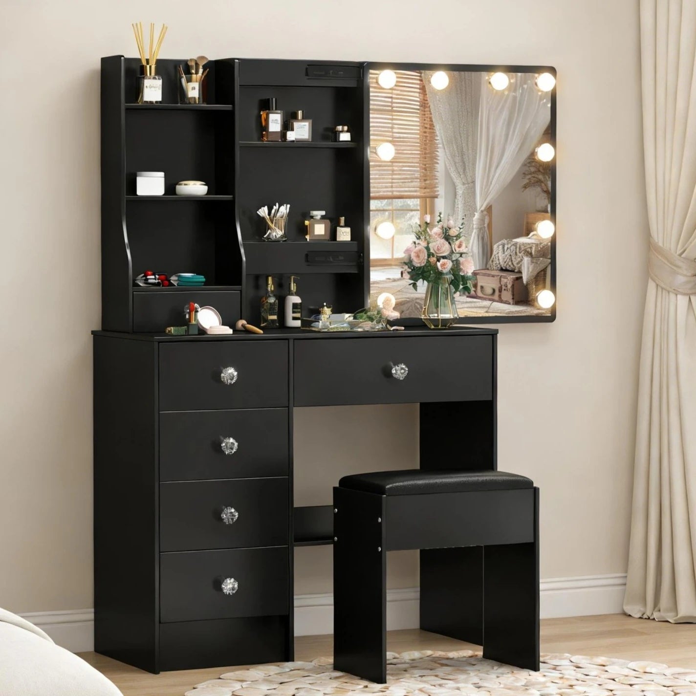 Teousev Black Modern Vanity Set with LED Sliding Mirror 6 Drawers & Stool 3 Color Dimmable Easy Assembly Bedroom Makeup Desk