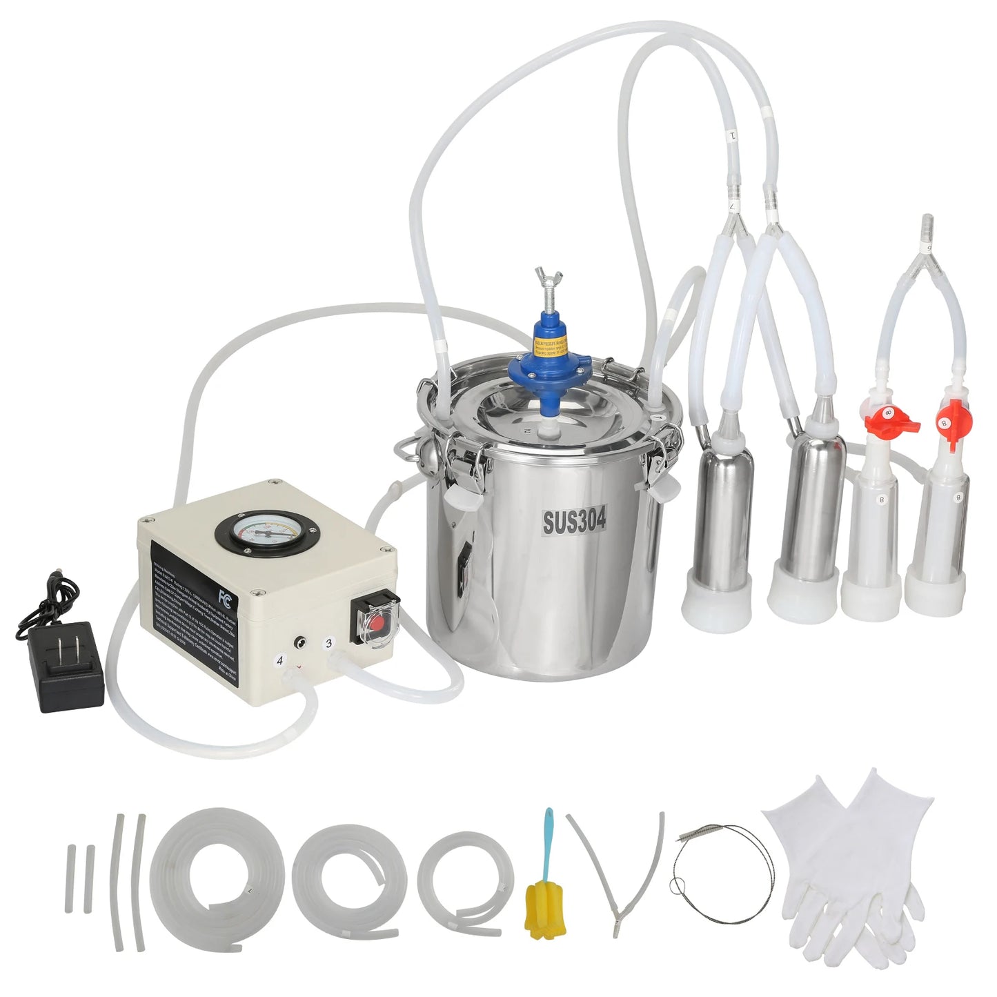 SucceBuy Goat Milking Machine Stainless Steel Bucket Electric Automatic Pulsation Cup Tubes Adjustable Suction for Cow and Sheep