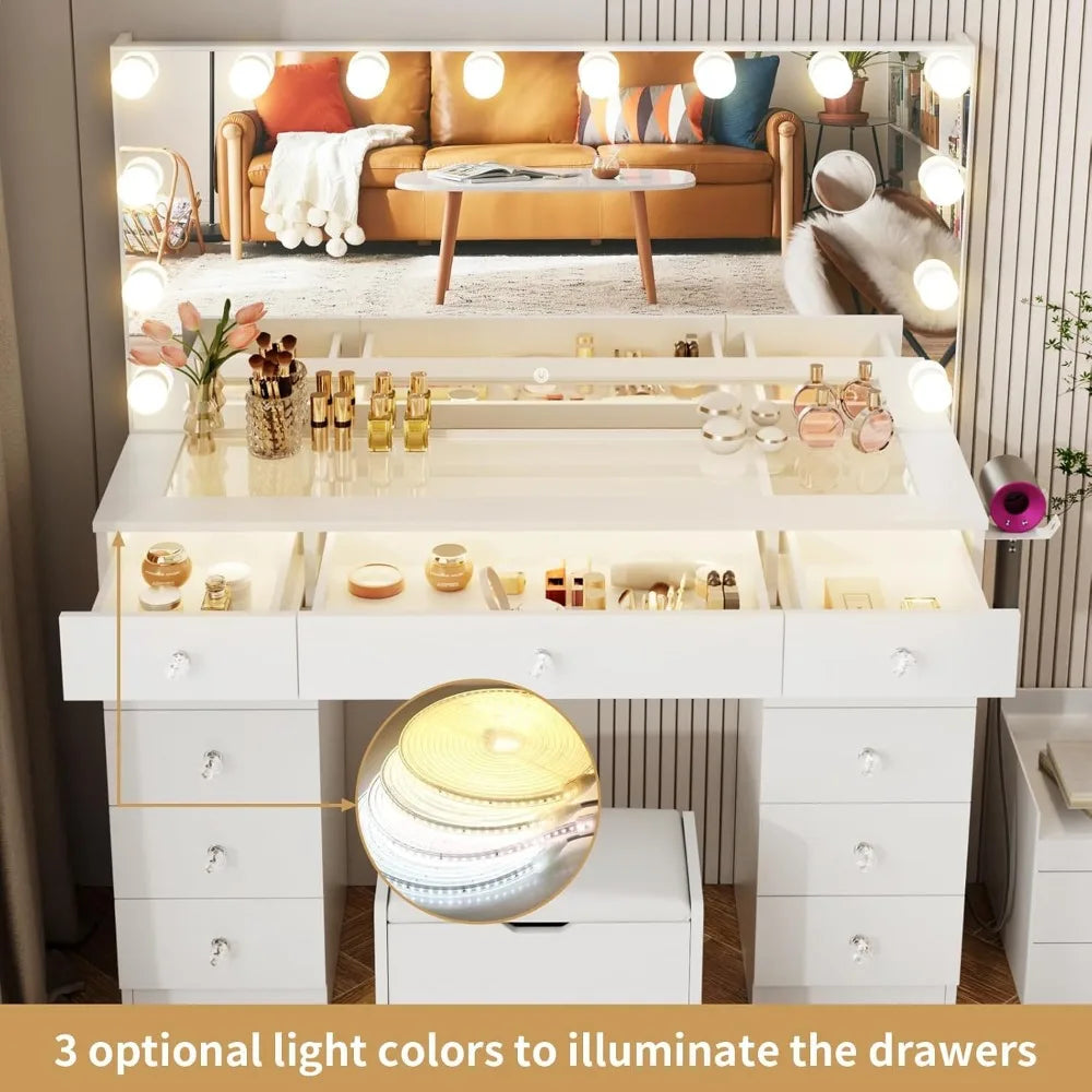 illuminated glass vanity desk with 11 drawers and 3 adjustable light modes