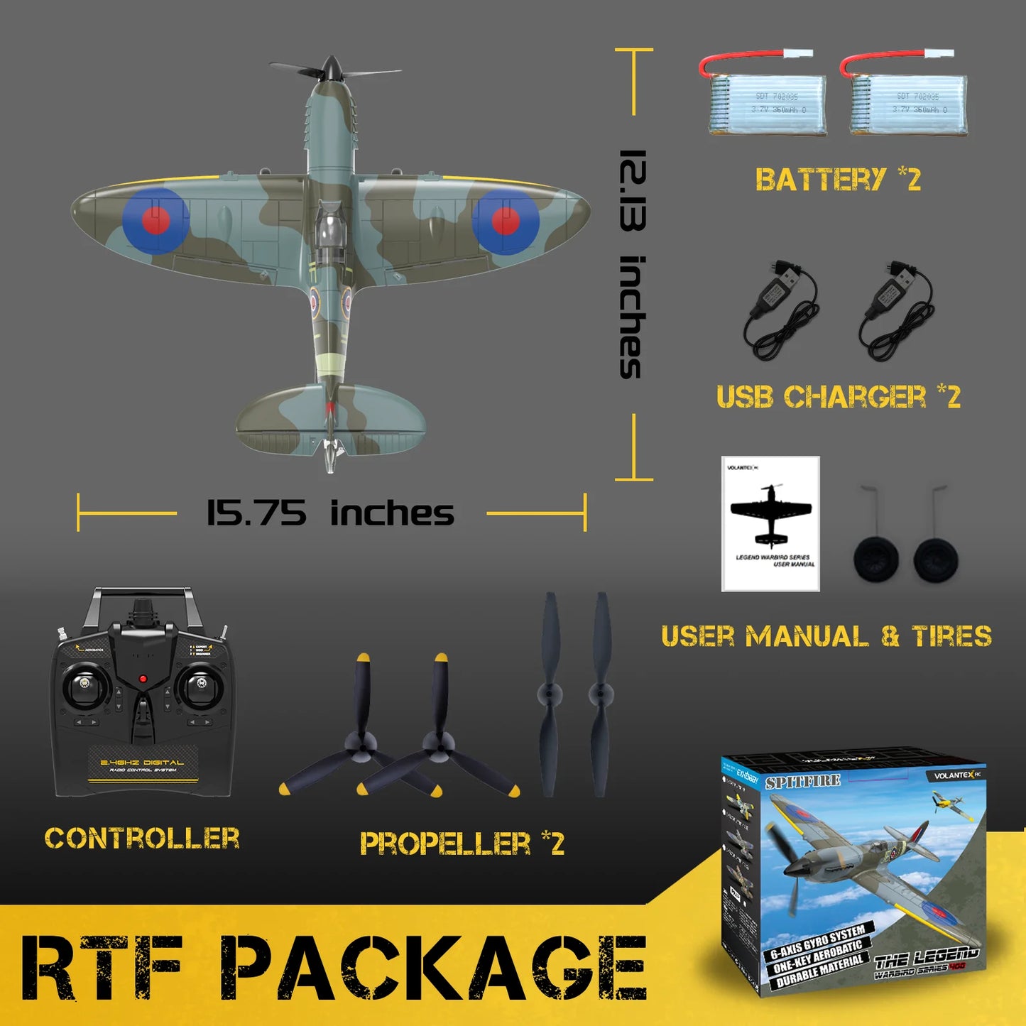 VOLANTEXRC 4-CH RC Plane, SpitfireV2 rtf Remote Control Airplane,One-Key Aerobatic,Suitable for Outdoors and Gifts