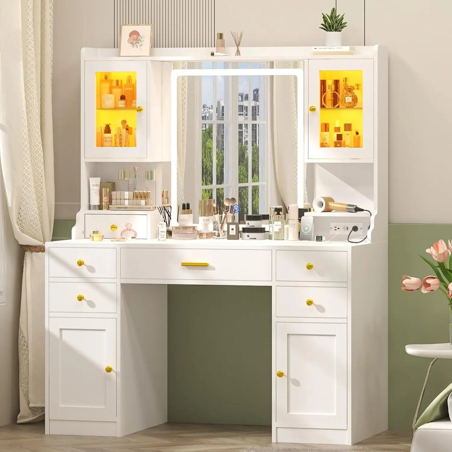 Vanity Desk with Mirror and Lights, White Makeup Vanity Table with Charging Station，Large Vanity Desk with 6, Customized