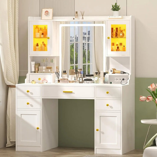Vanity Desk with Mirror and Lights, White Makeup Vanity Table with Charging Station，Large Vanity Desk with 6, Customized