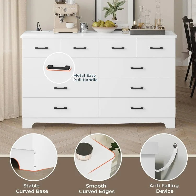 White Dresser for Bedroom with 10 Drawers, Large Chest of Drawers Storage Organizer, Long Dresser TV Stand with Power Out