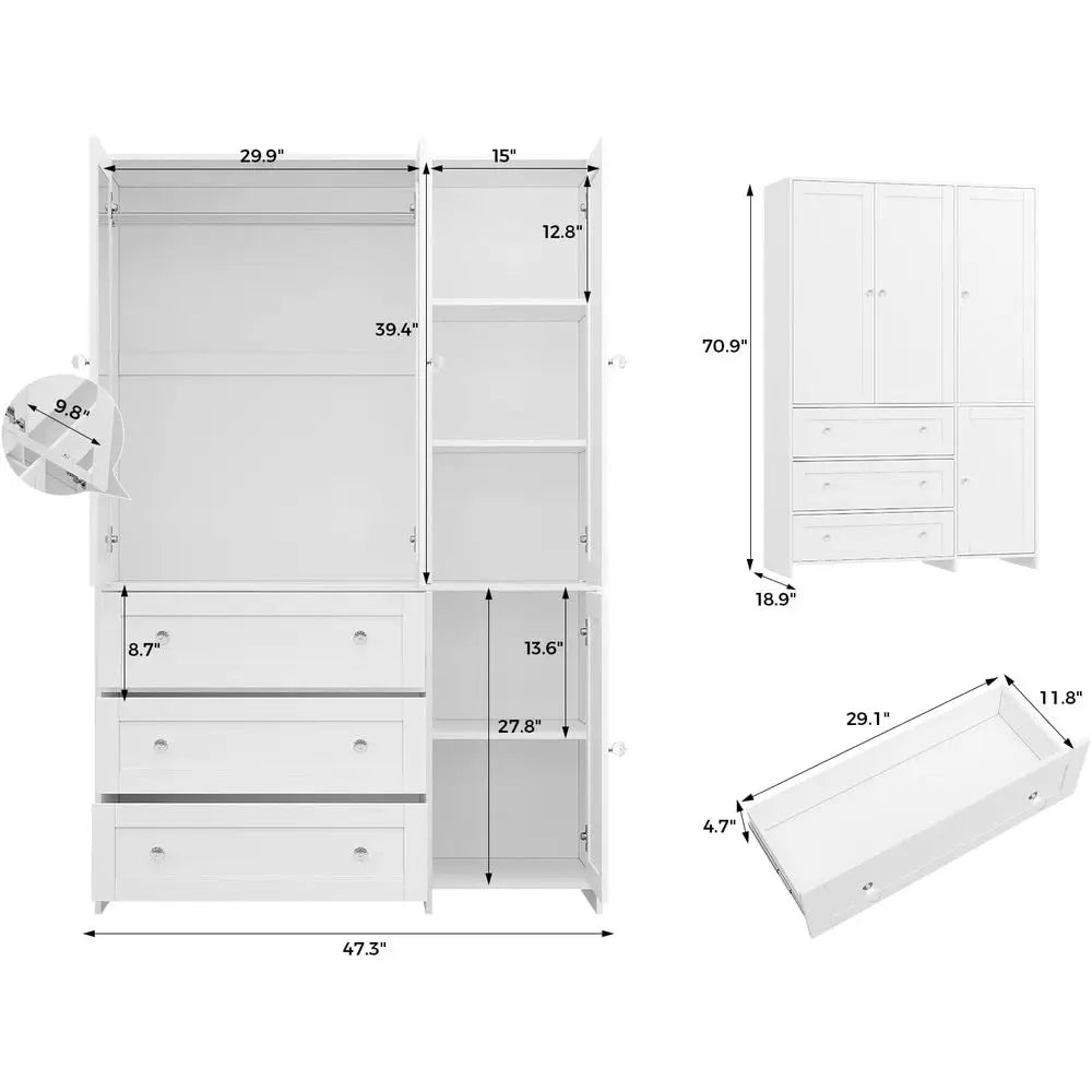 Armoire Wardrobe Closet with Ders and Mirror, 71" Clothing Storage Cabinet with Hanging Rod, 4 DoWooden Wardrobe Cabinet or Bedr