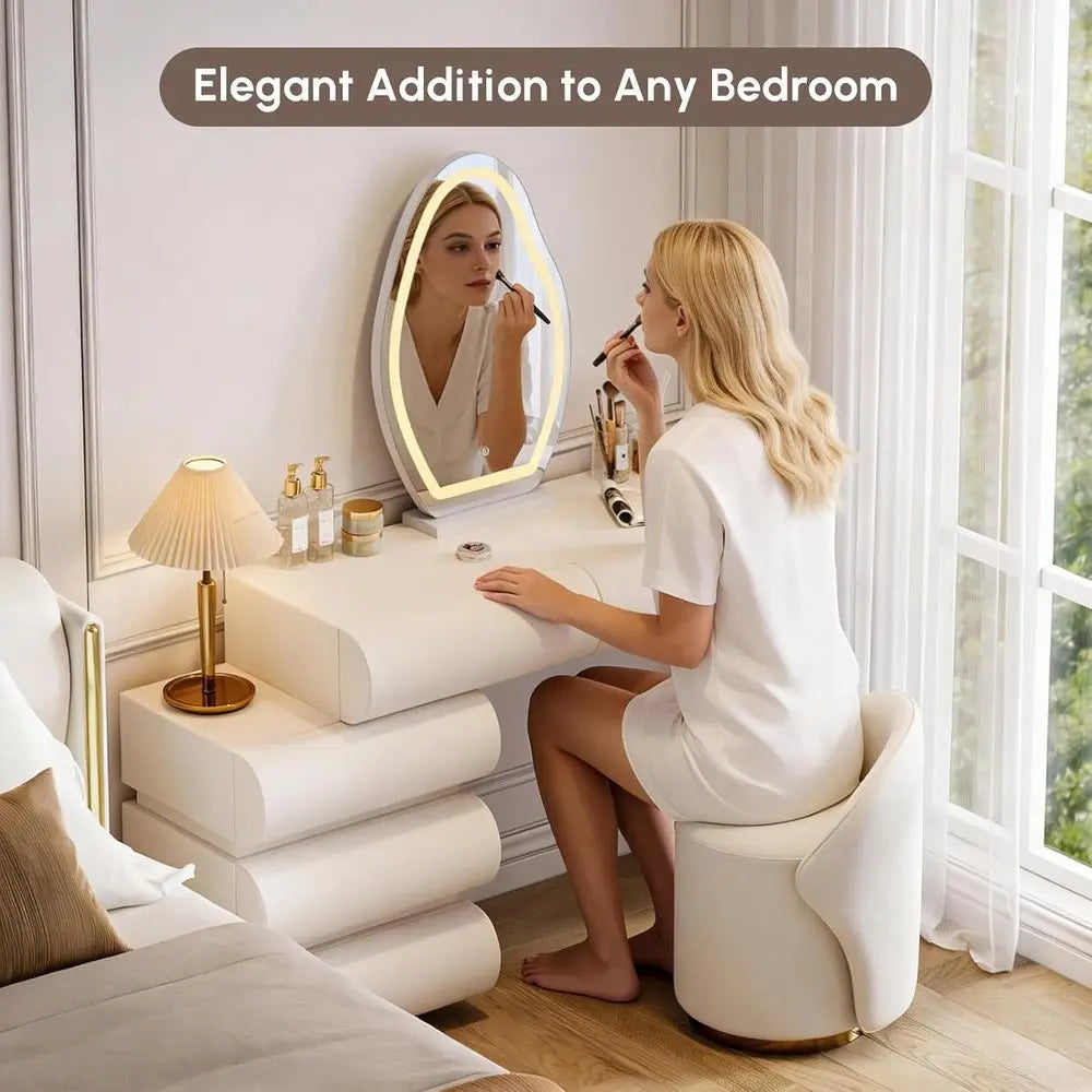 Makeup Vanity Set with LED Mirror and Stool, Elegant PU Leather Table for Bedroom, Perfect for Women and Girls (White)