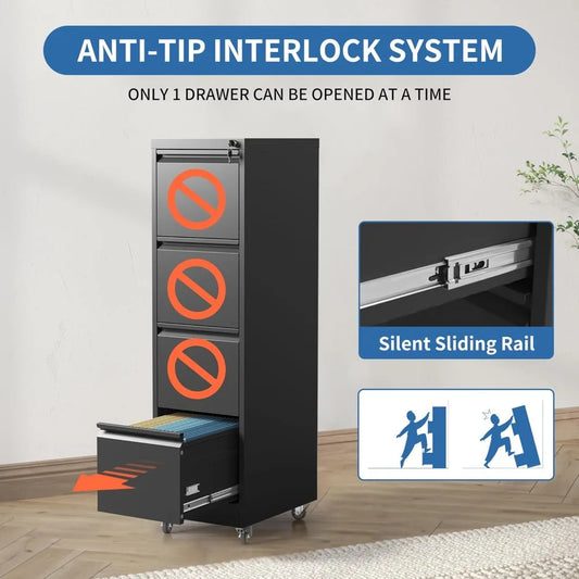 4 Drawer Mobile File Cabinet, Metal Filing Cabinet with Lock and Wheels, Home Office Rolling File Cabinets for Legal/Letter