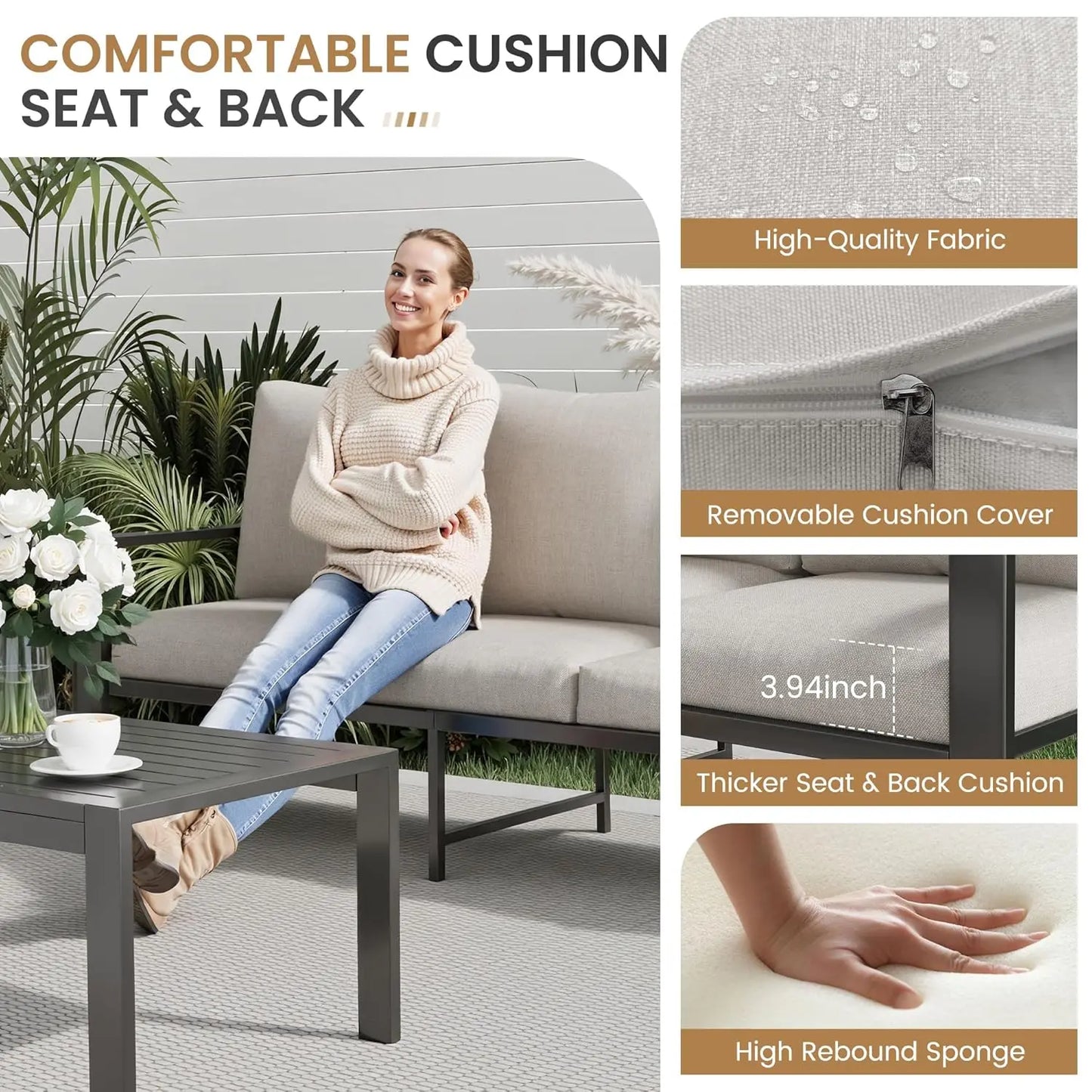 Aluminum Patio Conversation Set 6 Pieces Metal Deck Outdoor Furniture 6-Seat All-Weather Rust-Proof Sectional Sofa Set, Custom