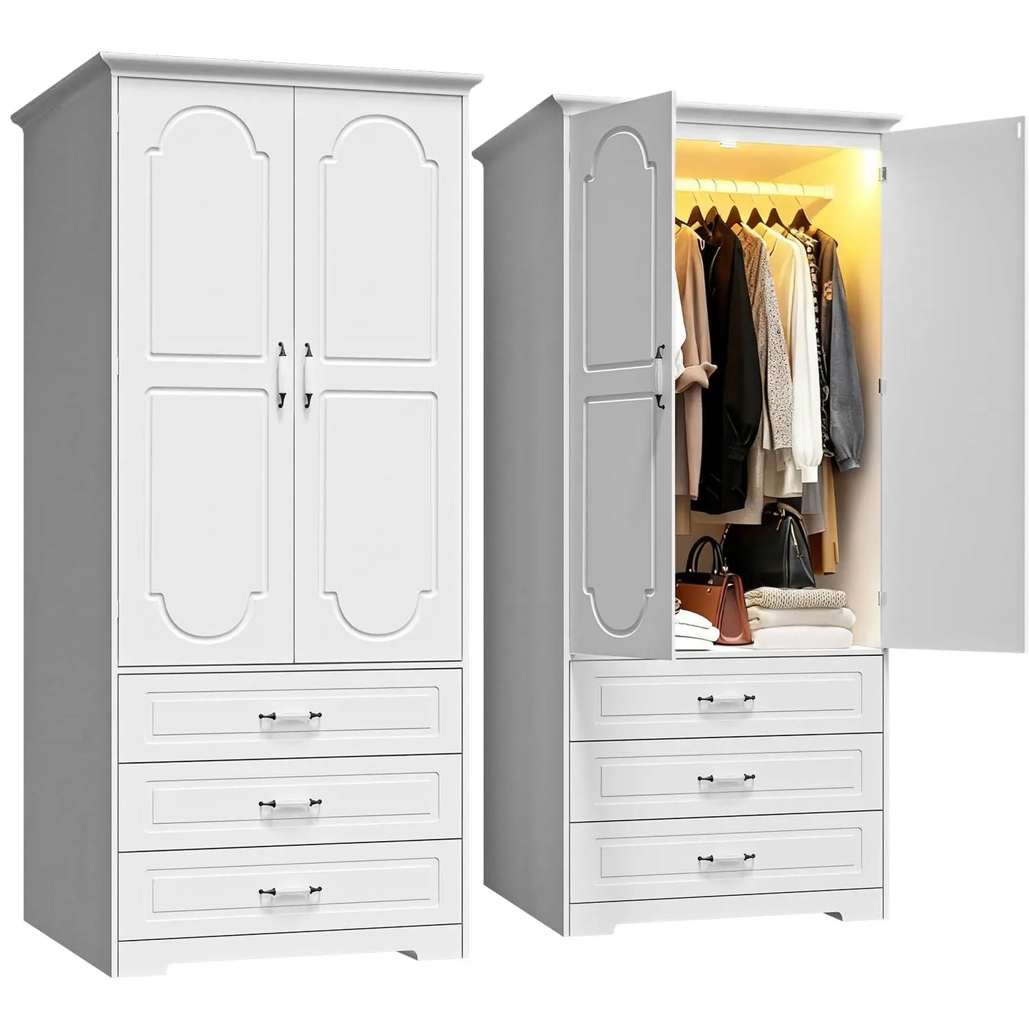 Armoire Wardrobe Closet with 3 Drawers and LED Light 72" Wooden Bedroom Armoire with 2 Doors and Retro Ceramic Door, Custom