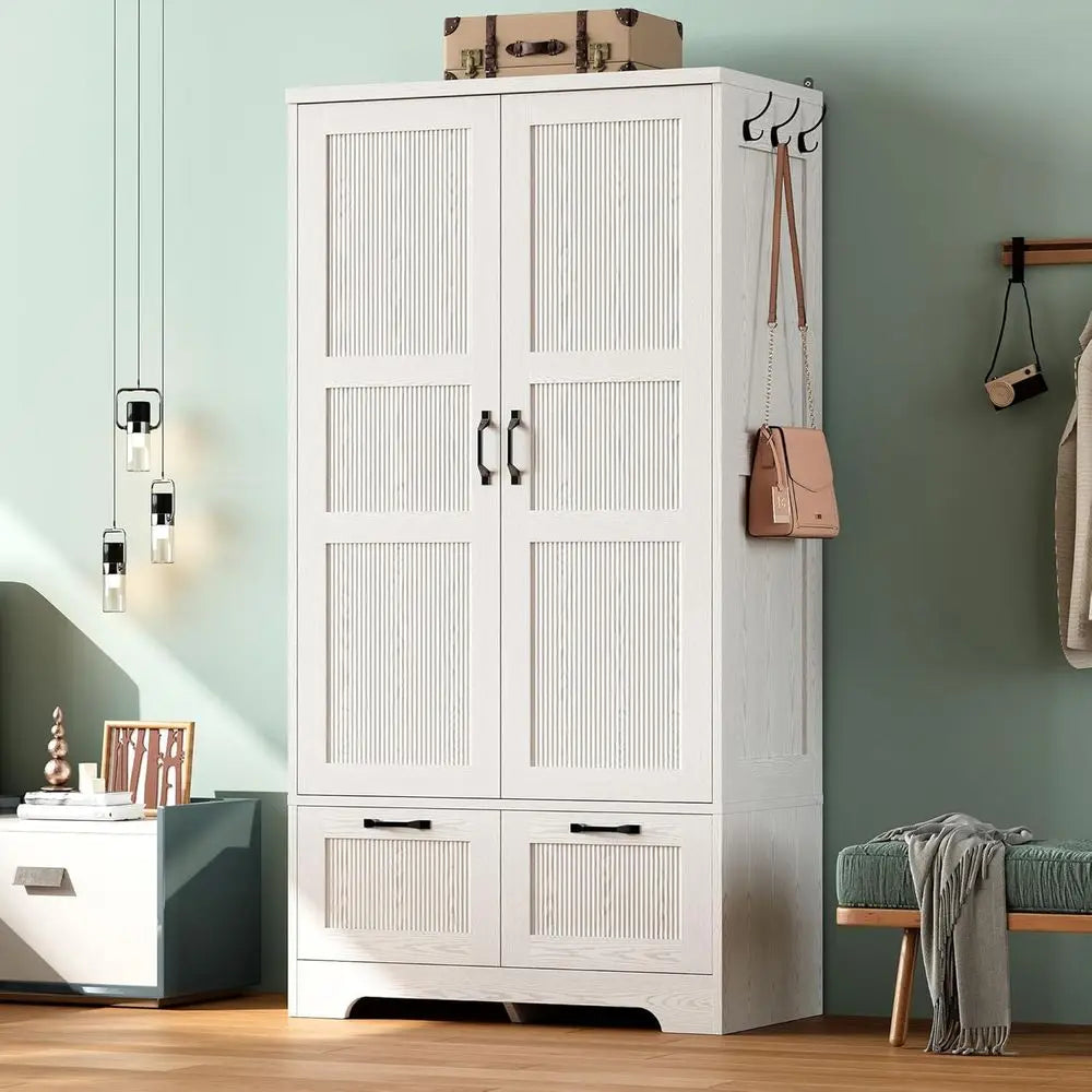71" Wooden Armoire Wardrobe Closet with 2 Ders & Hanging Rod | reestanding Clothing Storage Cabinet with 2 Doand Shelves, White