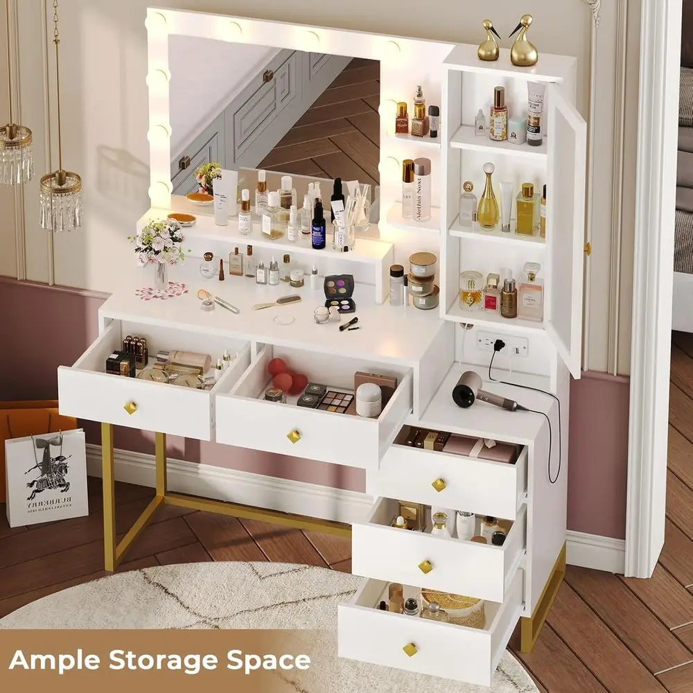 Large White & Gold Makeup Vanity Desk with Illuminated Mirror, 5 Drawers & Charging Station