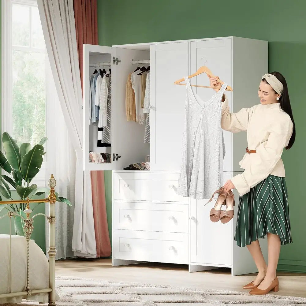 Armoire Wardrobe Closet with Ders and Mirror, 71" Clothing Storage Cabinet with Hanging Rod, 4 DoWooden Wardrobe Cabinet or Bedr
