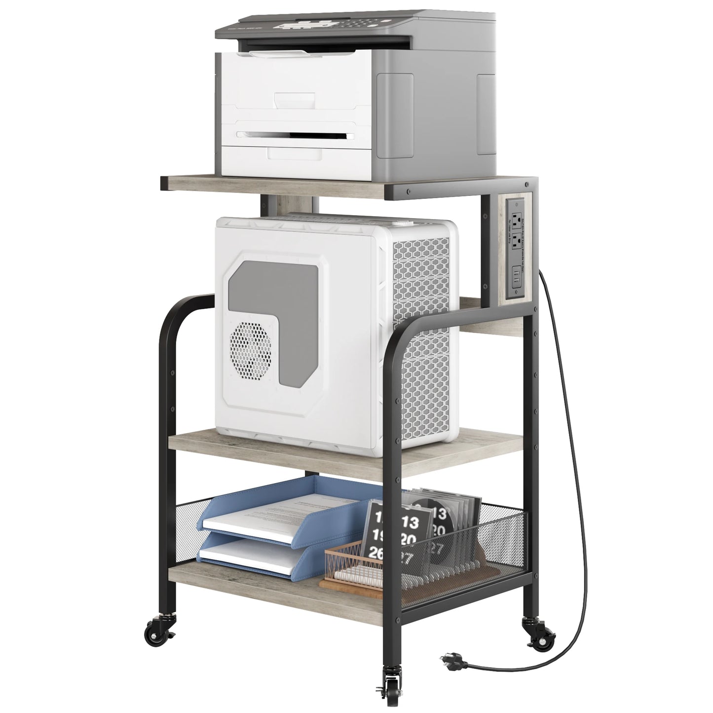 3-Tier Mobile Printer Stand Adjustable Storage Shelf with Charging Station 360° Rotating Wheels Sofa End Table for Home Office
