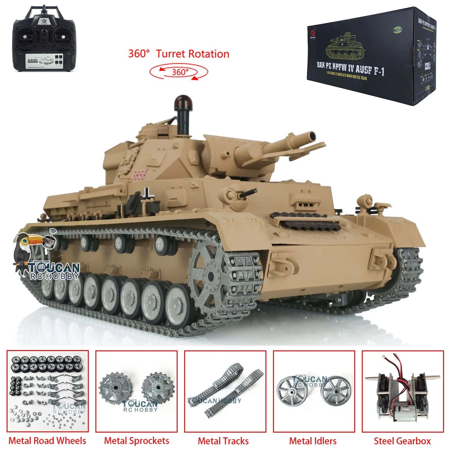 1/16 Henglong RC Tank 7.0 Customized Panzer IV F RTR 3858 Metal Tracks Wheels Realistic Simulation Toy TH17385-SMT7