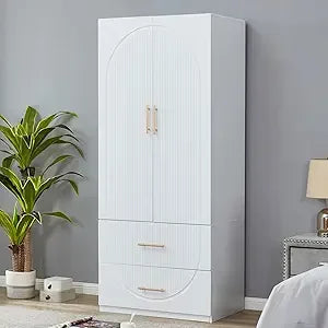 Wooden Armoire Wardrobe Closet：Modern Armoire Wardrobe Closet with 4 Doors, 2 Drawers and Hanging Rods for Tall Cabinet, Large C