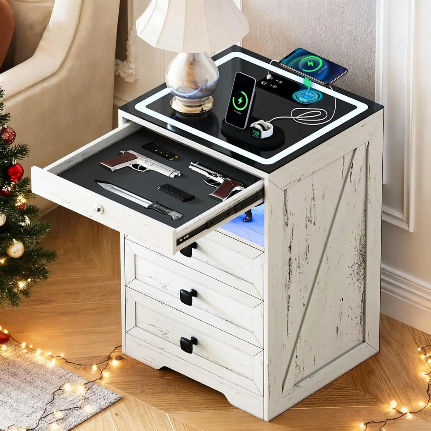 Smart Night Stand with Gun Drawer,Glass Top Nightstand with Charging Sation,LED Bedside Table with 3 Color, Customized